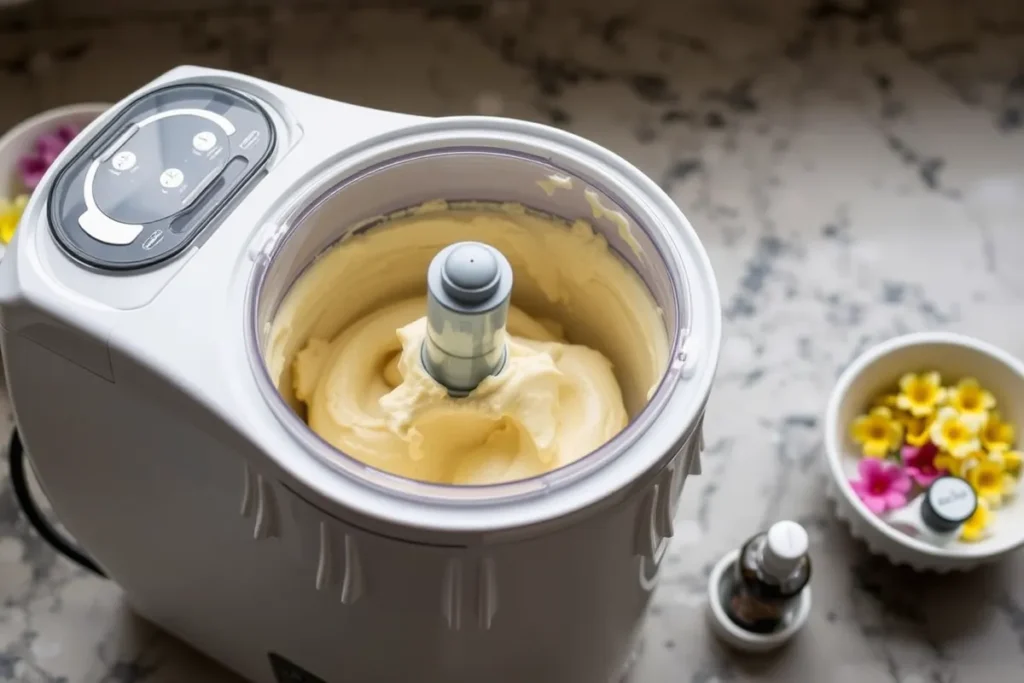 An ice cream maker churning the Sampaguita ice cream mixture, creating a smooth and creamy texture.