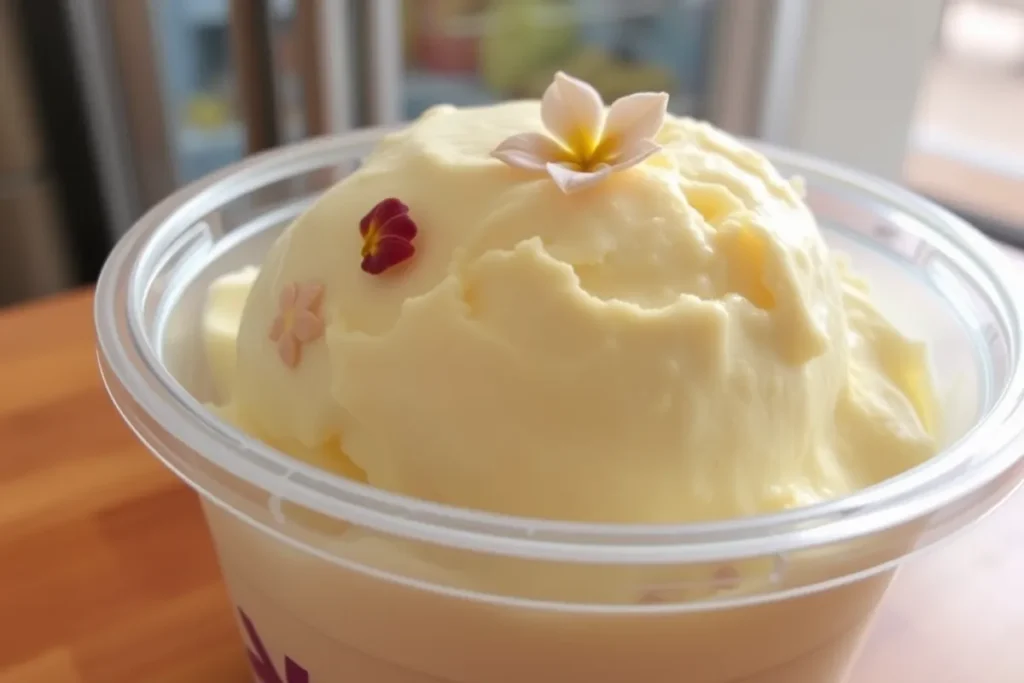 A sealed airtight container with creamy Sampaguita ice cream, resting in the freezer to firm up and develop flavor.