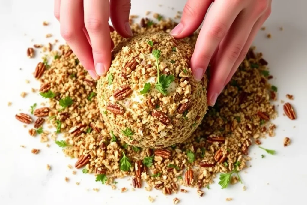 Cheese ball being rolled in a mixture of chopped pecans and fresh parsley on a clean surface, with hands pressing the toppings into the cheese.