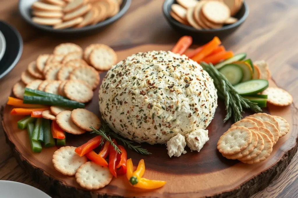 Finished cheese ball on a wooden platter surrounded by crackers, fresh vegetable sticks, and herbs, ready to be served as an appetizer.