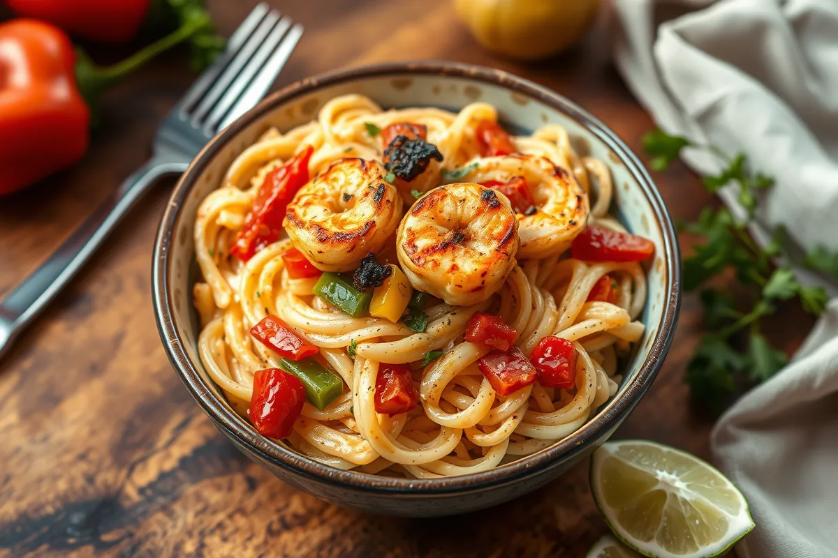 A bowl of creamy Rasta Pasta topped with vibrant bell peppers, grilled chicken, and a sprinkle of fresh herbs, served with a lime wedge.