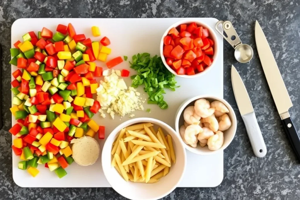 Freshly prepared ingredients for Rasta Pasta, including bell peppers, garlic, pasta, and chicken, laid out on a cutting board.