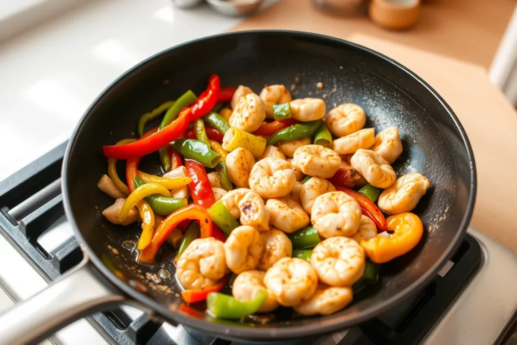 Sautéing bell peppers and chicken in a skillet for Rasta Pasta, with vegetables turning golden brown.