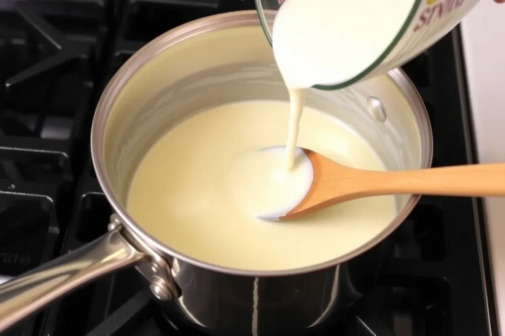 Pouring heavy cream and adding Parmesan cheese to a saucepan to make the creamy sauce for Rasta Pasta.