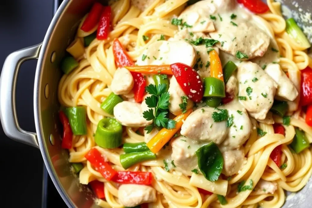 Mixing cooked pasta, vegetables, and creamy sauce together for Rasta Pasta, with fresh herbs and lime garnish.