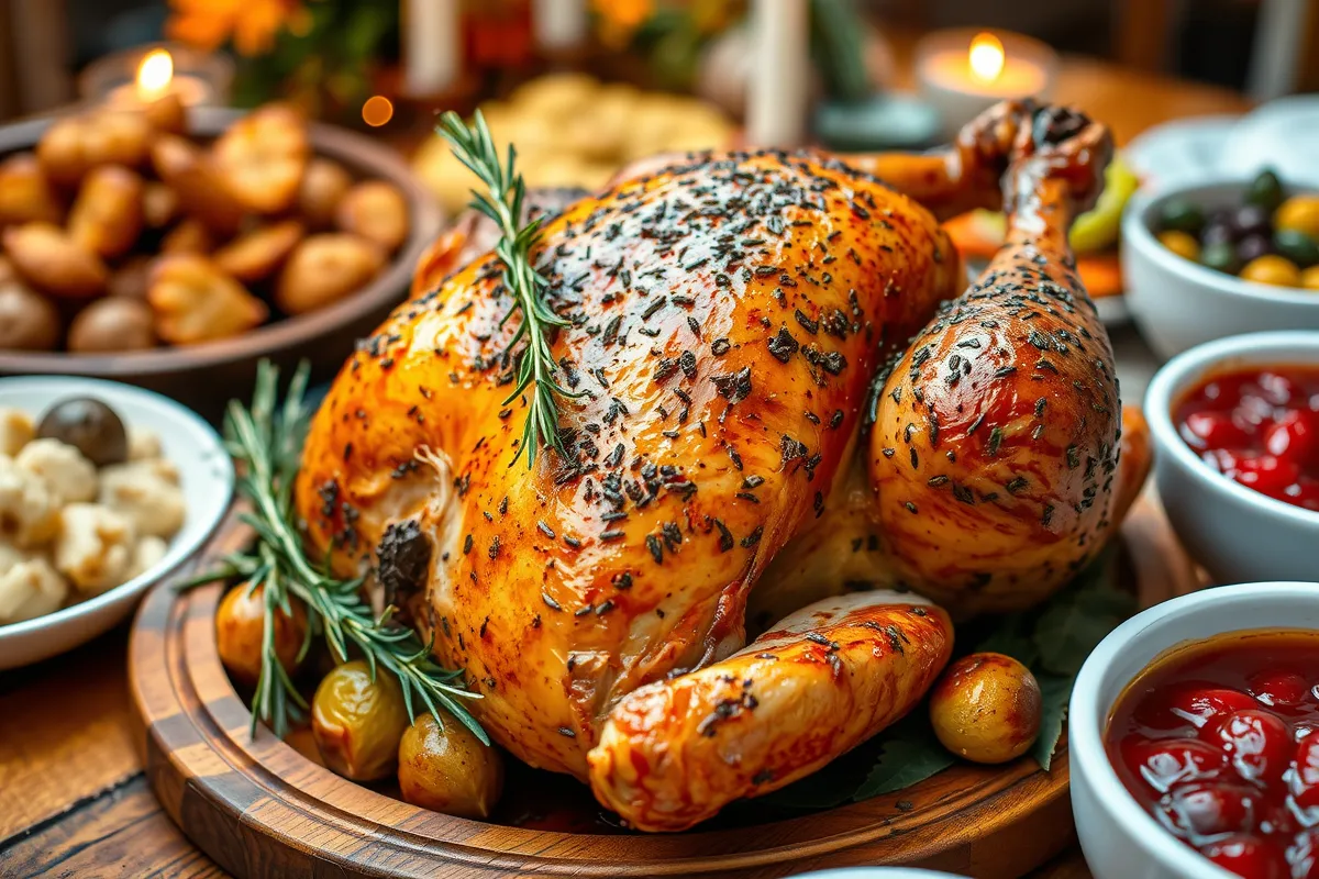 Thanksgiving herb-roasted chicken with crispy skin, garnished with rosemary, thyme, and sage, served with mashed potatoes, roasted Brussels sprouts, and cranberry sauce on a rustic wooden platter.