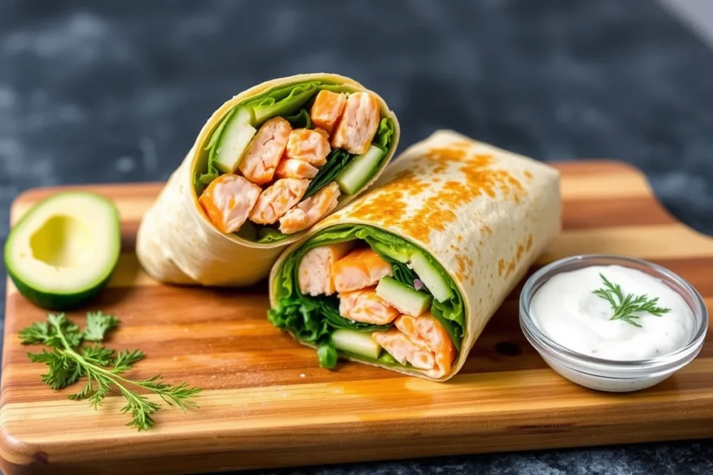 Lemon Garlic Butter Salmon Wrap sliced in half, showcasing fresh greens, perfectly cooked salmon, and optional toppings like avocado and cucumber. Served with tzatziki sauce and fresh dill garnish.