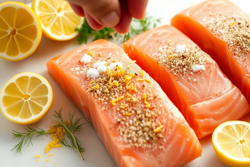 Salmon fillets being seasoned with lemon juice, zest, salt, and pepper on a clean cutting board, with fresh lemon halves and sprigs of dill beside the fish.