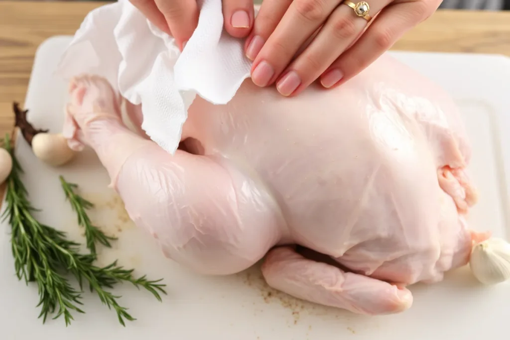 Whole chicken being prepped for roasting, dried with paper towels and trimmed of excess fat, with fresh herbs and garlic ready for seasoning.